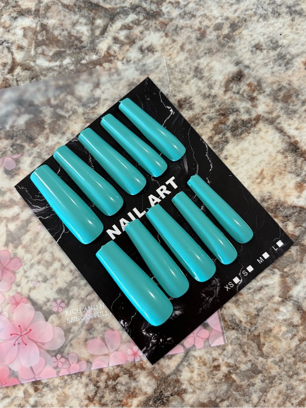 Aqua Teal Press-On Nails - Long Coffin Set